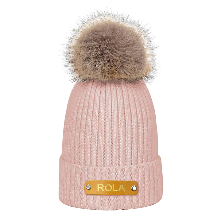 Personalized Leather Patch Beanie Custom Name Newborn Kids Winter Hat