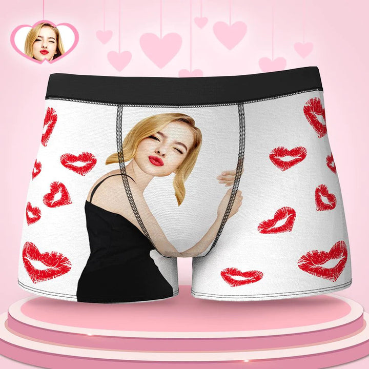 Custom Face Boxers Girlfriend Hug with Heart Lip Print Gifts For Him