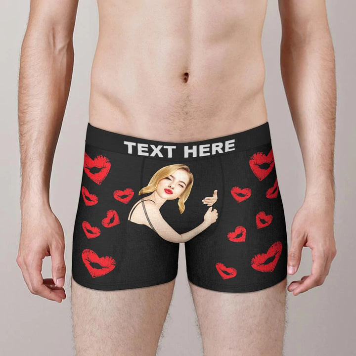 Custom Face Boxers Girlfriend Hug with Heart Lip Print Gifts For Him
