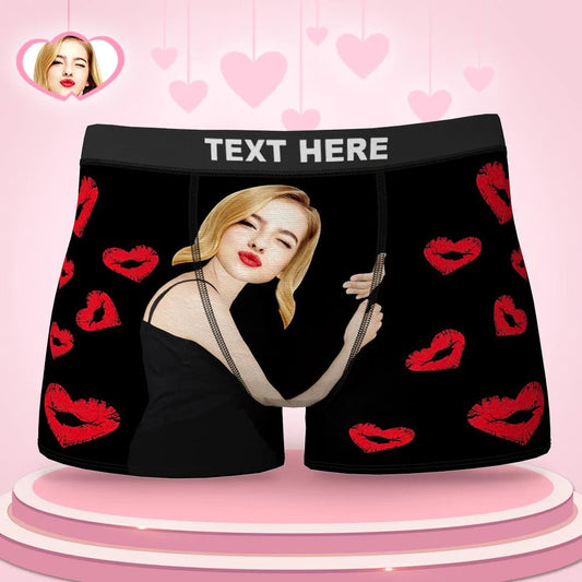 Custom Face Boxers Girlfriend Hug with Heart Lip Print Gifts For Him