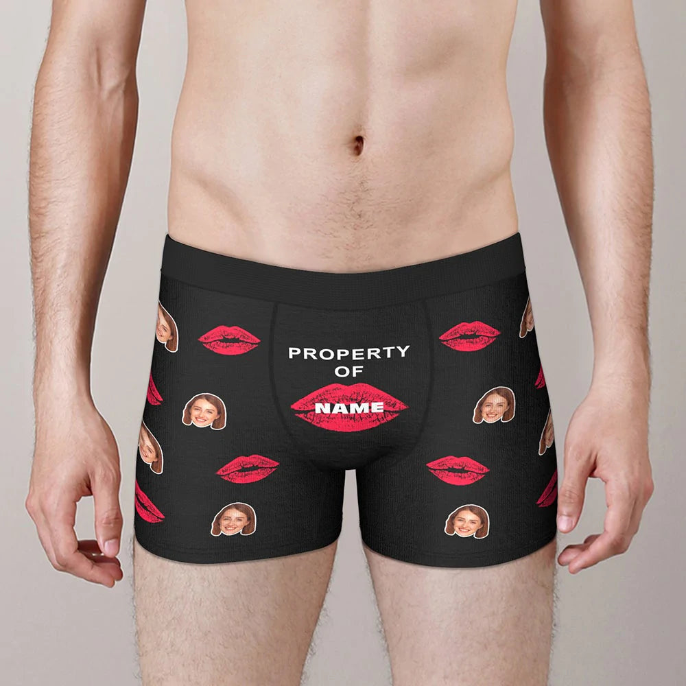 Custom Lip Print Property Of Name Boxers Brief Personalized Face Boxers Brief Gift For Him