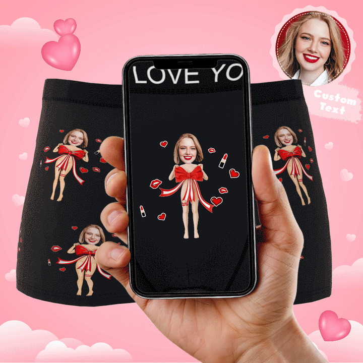 Custom Photo Boxer Red Bow Gift Underwear Men's Underwear Gift For Boyfriend AR View Valentine's Day Gift