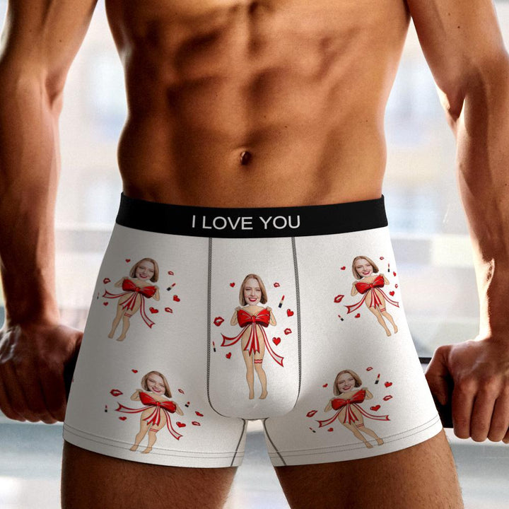 Custom Photo Boxer Red Bow Gift Underwear Men's Underwear Gift For Boyfriend AR View Valentine's Day Gift