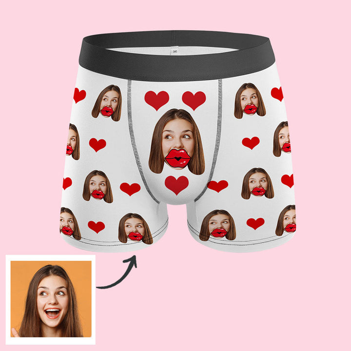 Custom Face Red Lips and Heart Boxer Personalized Men's Underwear