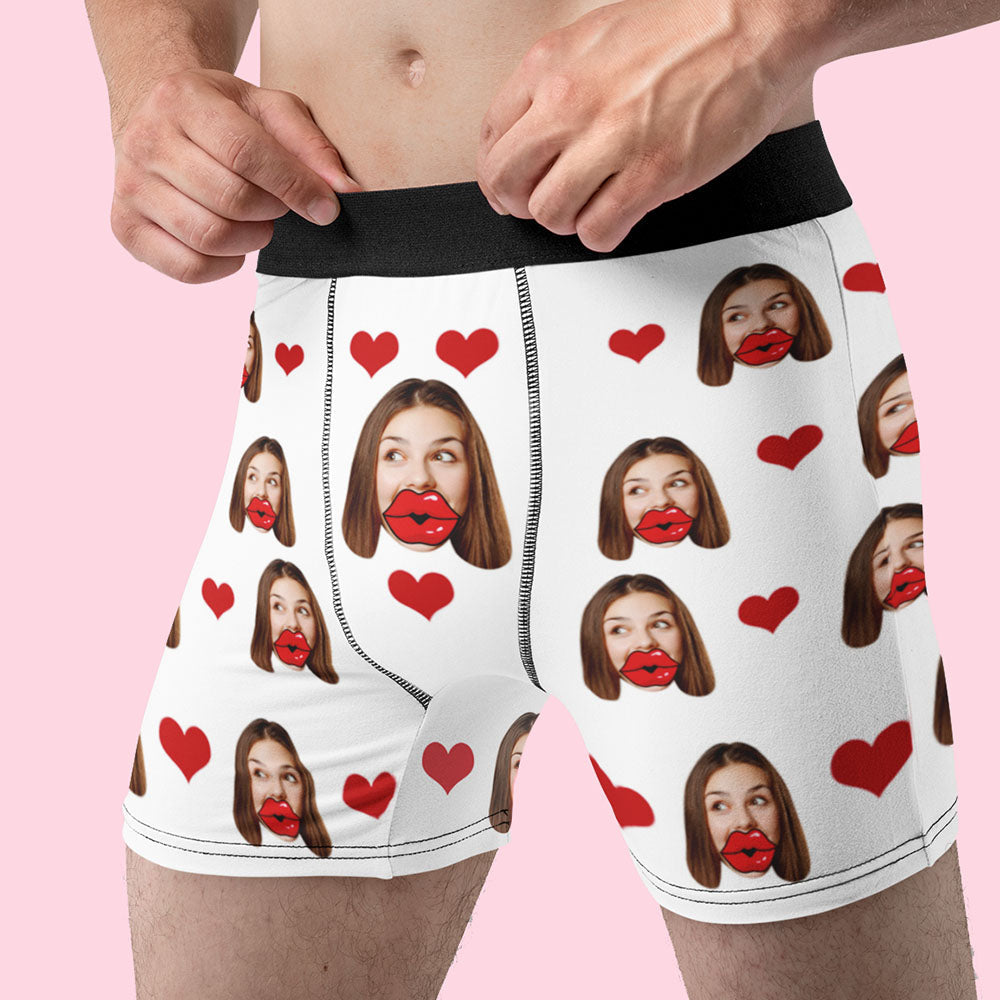 Custom Face Red Lips and Heart Boxer Personalized Men's Underwear