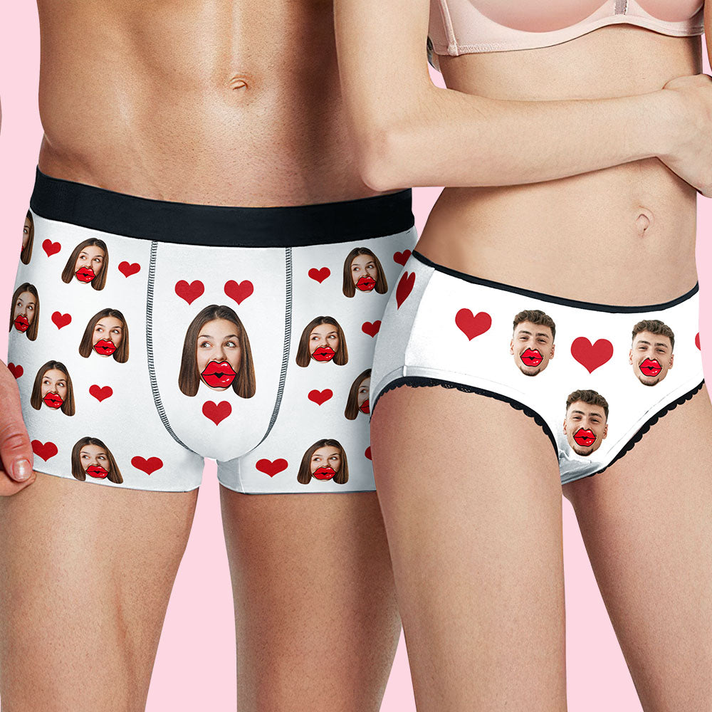 Custom Face Red Lips and Heart Boxer Personalized Men's Underwear