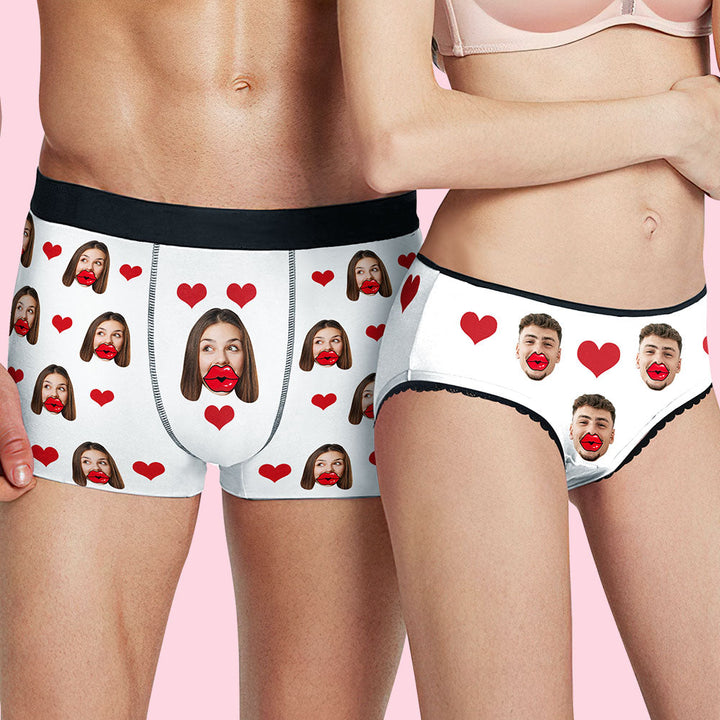 Custom Face Red Lips and Heart Boxer Personalized Men's Underwear
