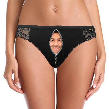 Custom Face Zipper Black Lace Panties Sexy Underwear with Package