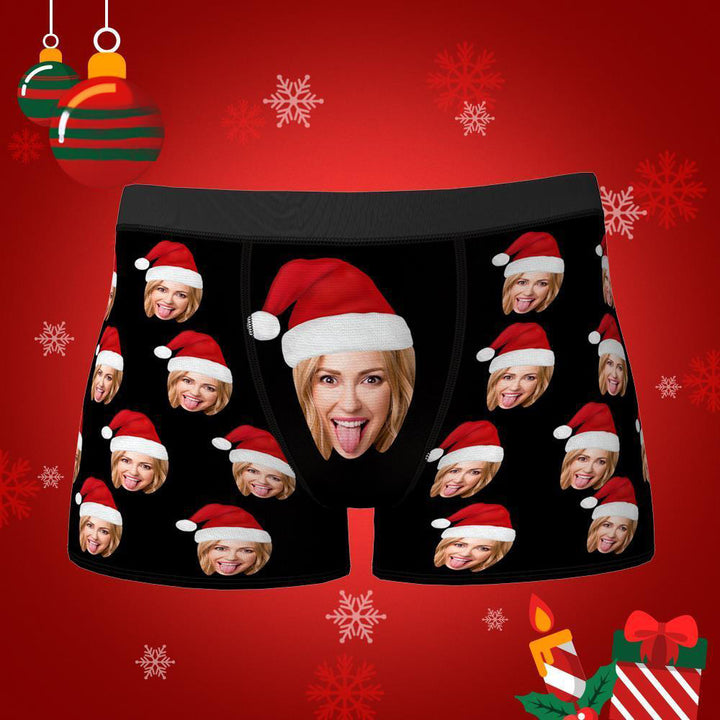 Custom Face Boxers Shorts With Christmas hat Personalized Photo Underwear Christmas Gift For Men
