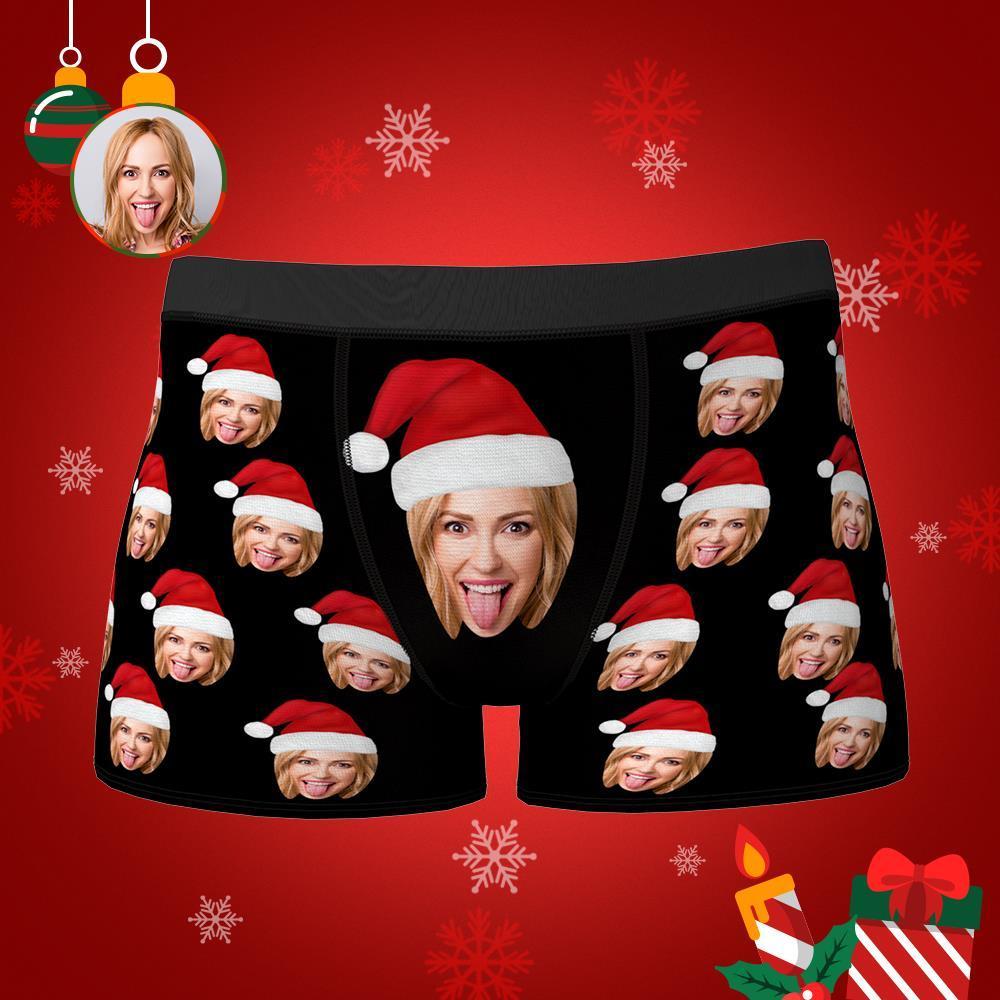 Custom Face Boxers Shorts With Christmas hat Personalized Photo Underwear Christmas Gift For Men