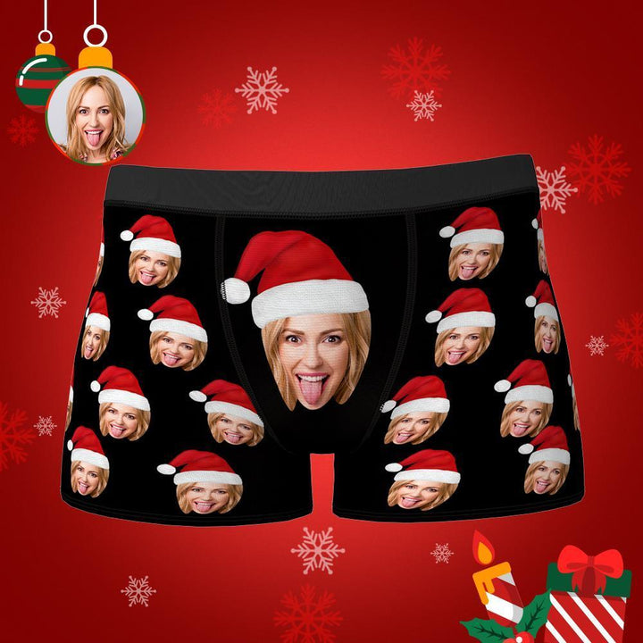 Custom Face Boxers Shorts With Christmas hat Personalized Photo Underwear Christmas Gift For Men