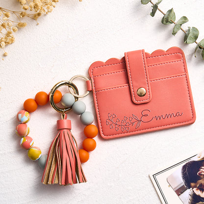 Personalized Birth Flower PU Leather Wallet with Beaded Bracelet Wallet Gift for Her