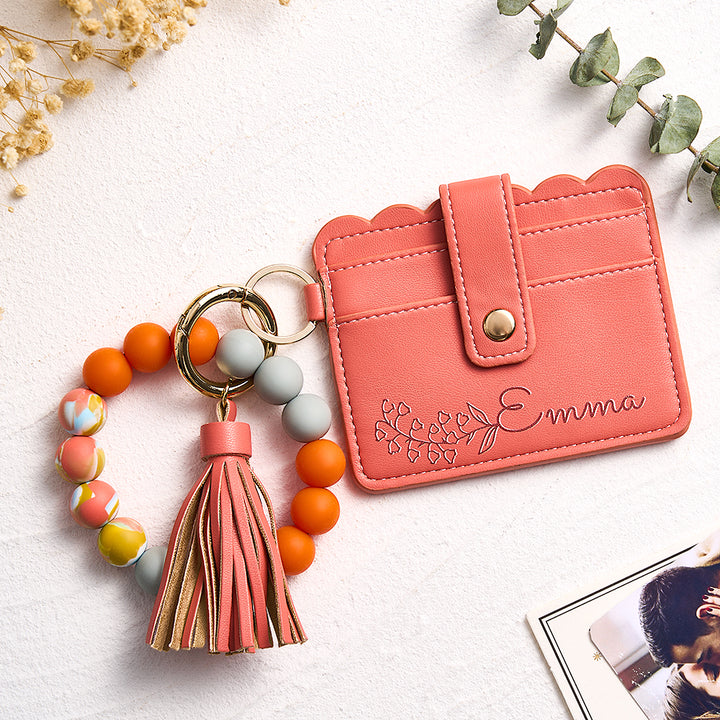 Personalized Birth Flower PU Leather Wallet with Beaded Bracelet Wallet Gift for Her