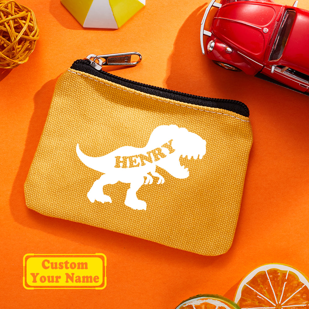Personalized Name Dinosaur Coin Purse – Mustard Yellow Wallet Gift for Kids Children’s Day & Back to School