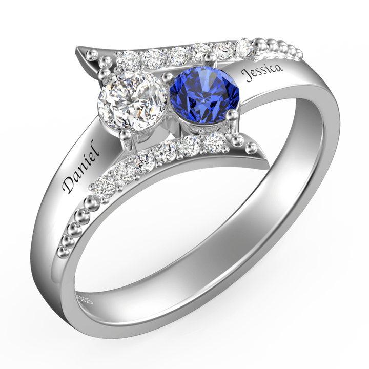 Personalized Two Birthstones Engraved Promise Ring 925 Sterling Silver