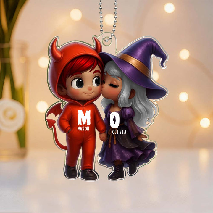 Personalized Name Halloween Style Acrylic Car Hanger Cute Couple Kissing Moment Halloween Gift for Boyfriend & Girlfriend