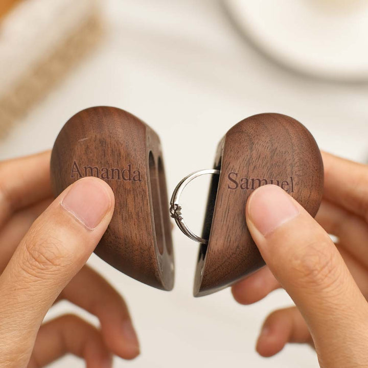 Personalized Heart-Shaped Engraved Ring Box Wooden Double Rings Wedding Ring Holder