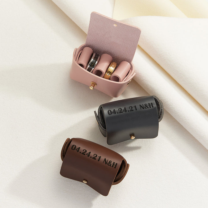 Personalized Leather Wedding Ring Pouch Custom Engraved Double Rings Box