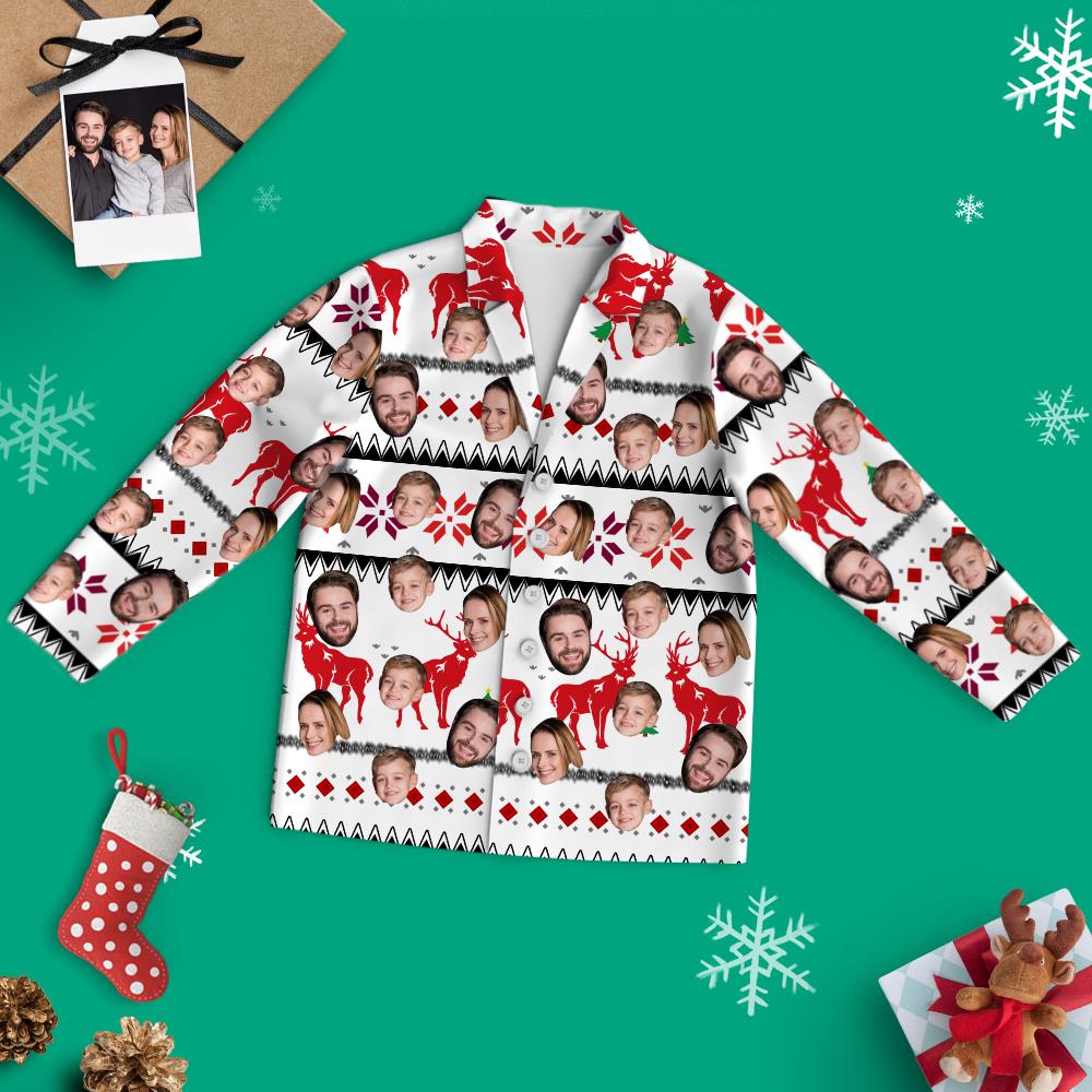 Custom Face Christmas Long Sleeve White Pajamas with Reindeer