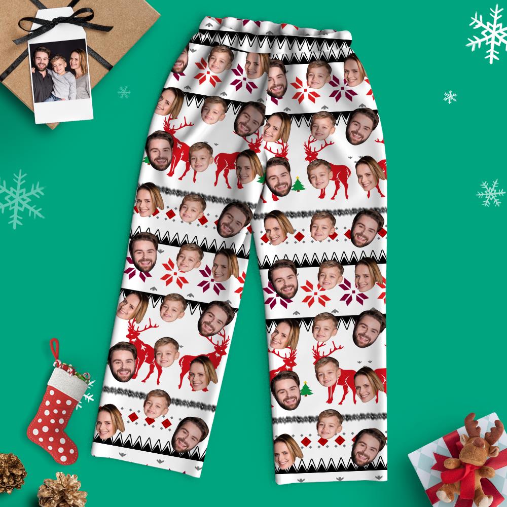 Custom Face Christmas Long Sleeve White Pajamas with Reindeer