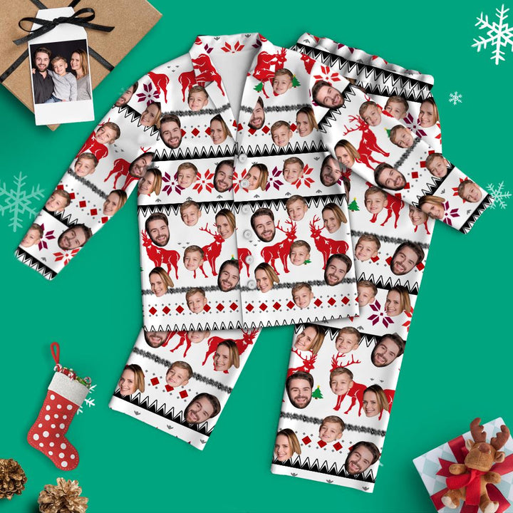 Custom Face Christmas Long Sleeve White Pajamas with Reindeer