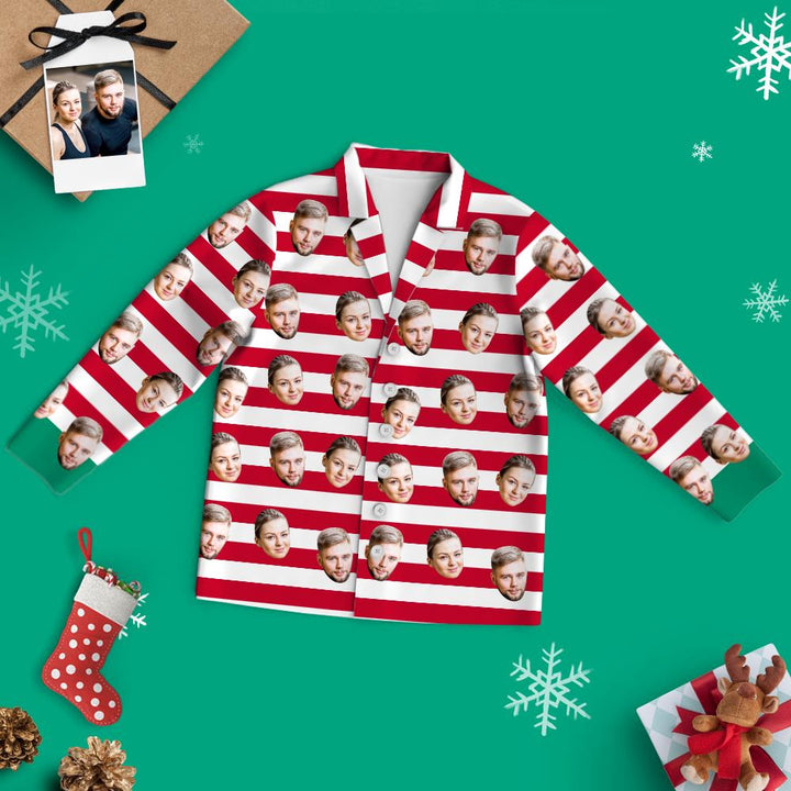 Custom Face Christmas Long Sleeve Pajamas - Red and White Stripe Couple