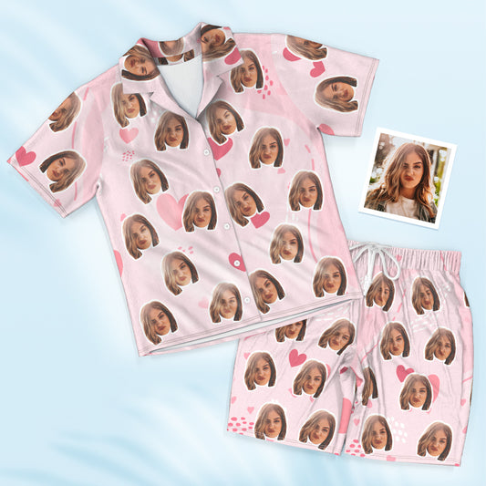 Custom Face Short Sleeve Pink Pajamas with Heart Pattern – Personalized Loungewear for Anniversary & Valentine’s Day Gift