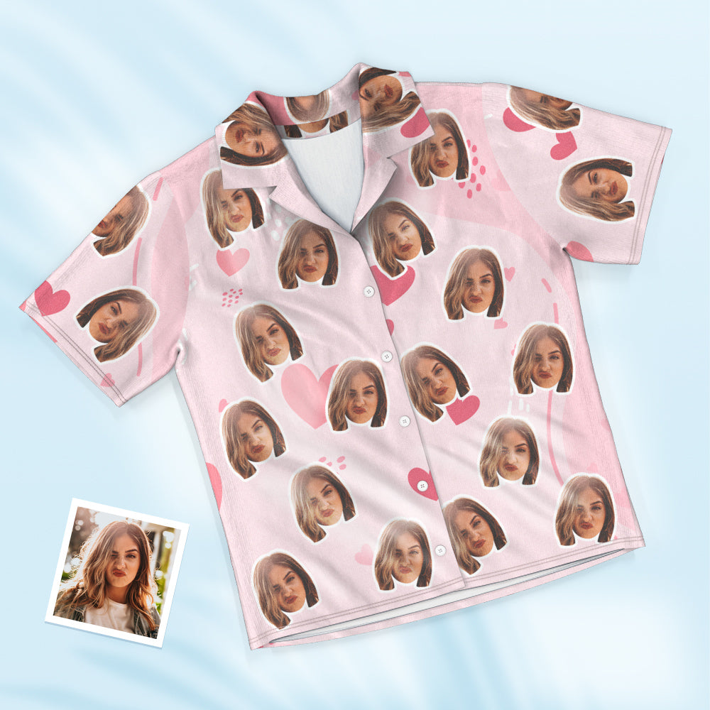 Custom Face Short Sleeve Pink Pajamas with Heart Pattern – Personalized Loungewear for Anniversary & Valentine’s Day Gift