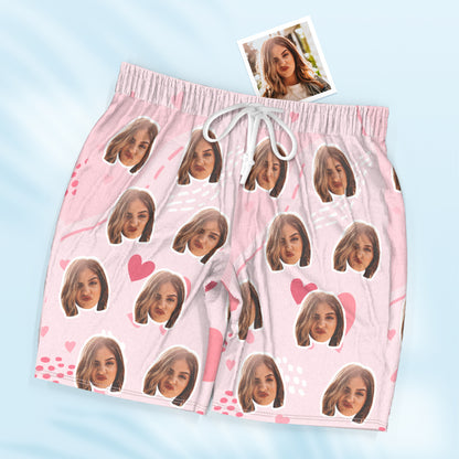 Custom Face Short Sleeve Pink Pajamas with Heart Pattern – Personalized Loungewear for Anniversary & Valentine’s Day Gift