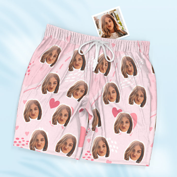 Custom Face Short Sleeve Pink Pajamas with Heart Pattern – Personalized Loungewear for Anniversary & Valentine’s Day Gift