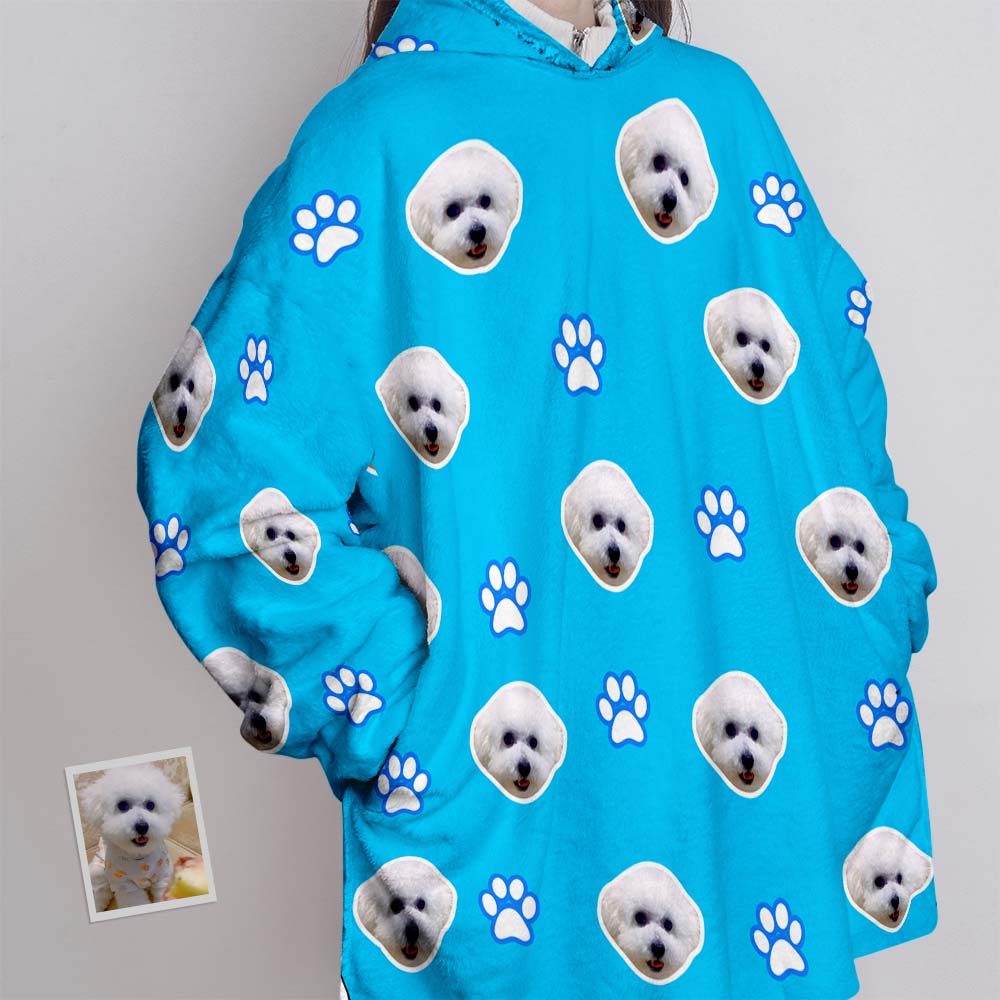 Custom Face Blanket Pajama Personalized Blanket Hoodie Gift for Women Pet Paw