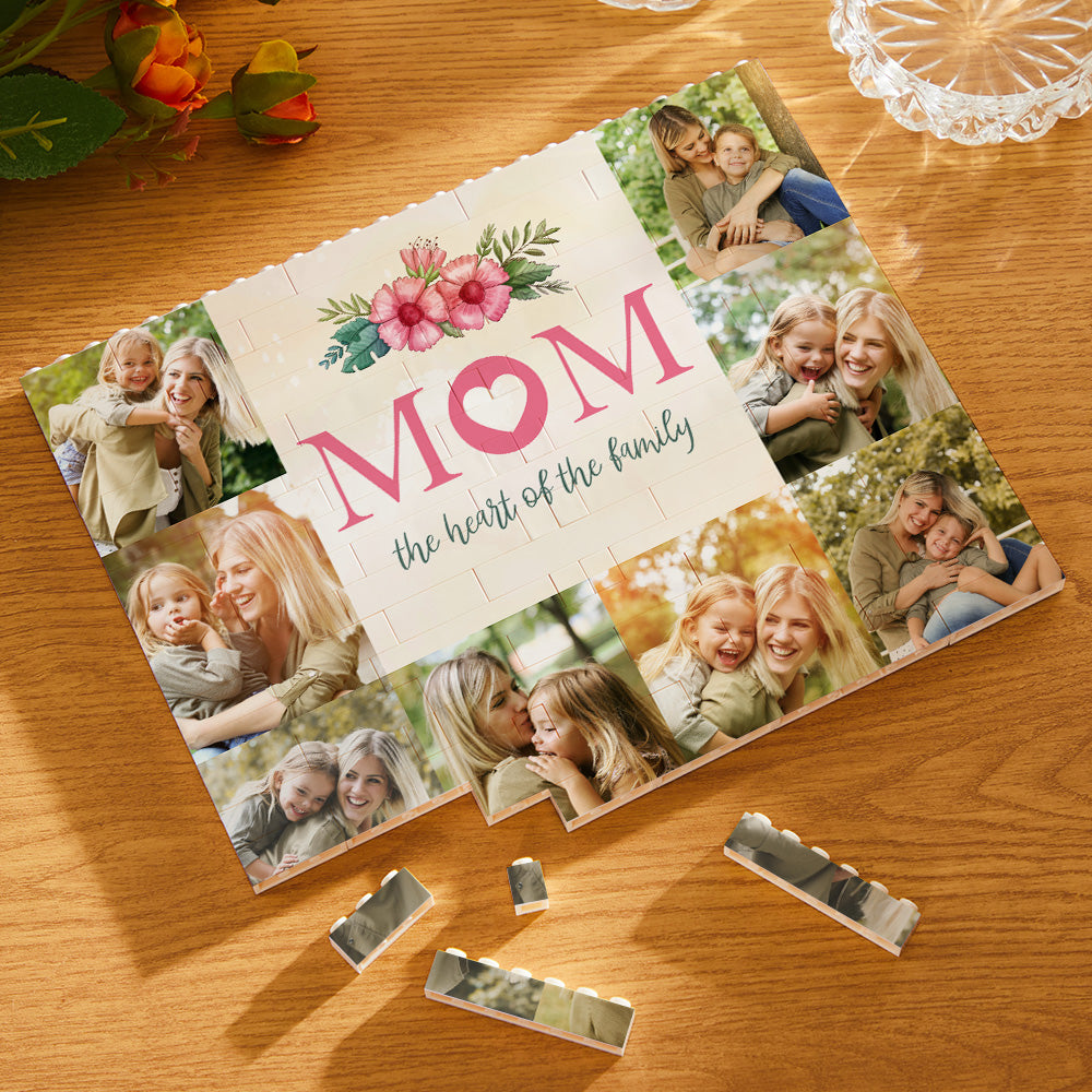 Custom Building Block Puzzle Horizontal Trio Photo Brick for Mom the Heart of the Family Mother's Day Gifts