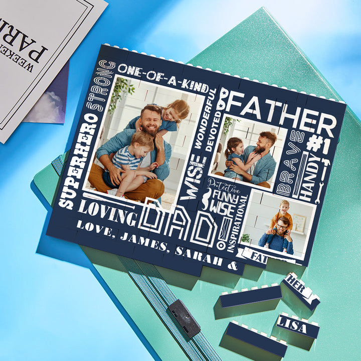 Custom Building Block Puzzle Horizontal Trio Photo Brick for Dad Happy Father's Day