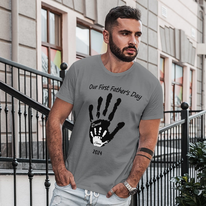Personalized Our First Father’s Day Handprint Father T-Shirt Gift for Dad