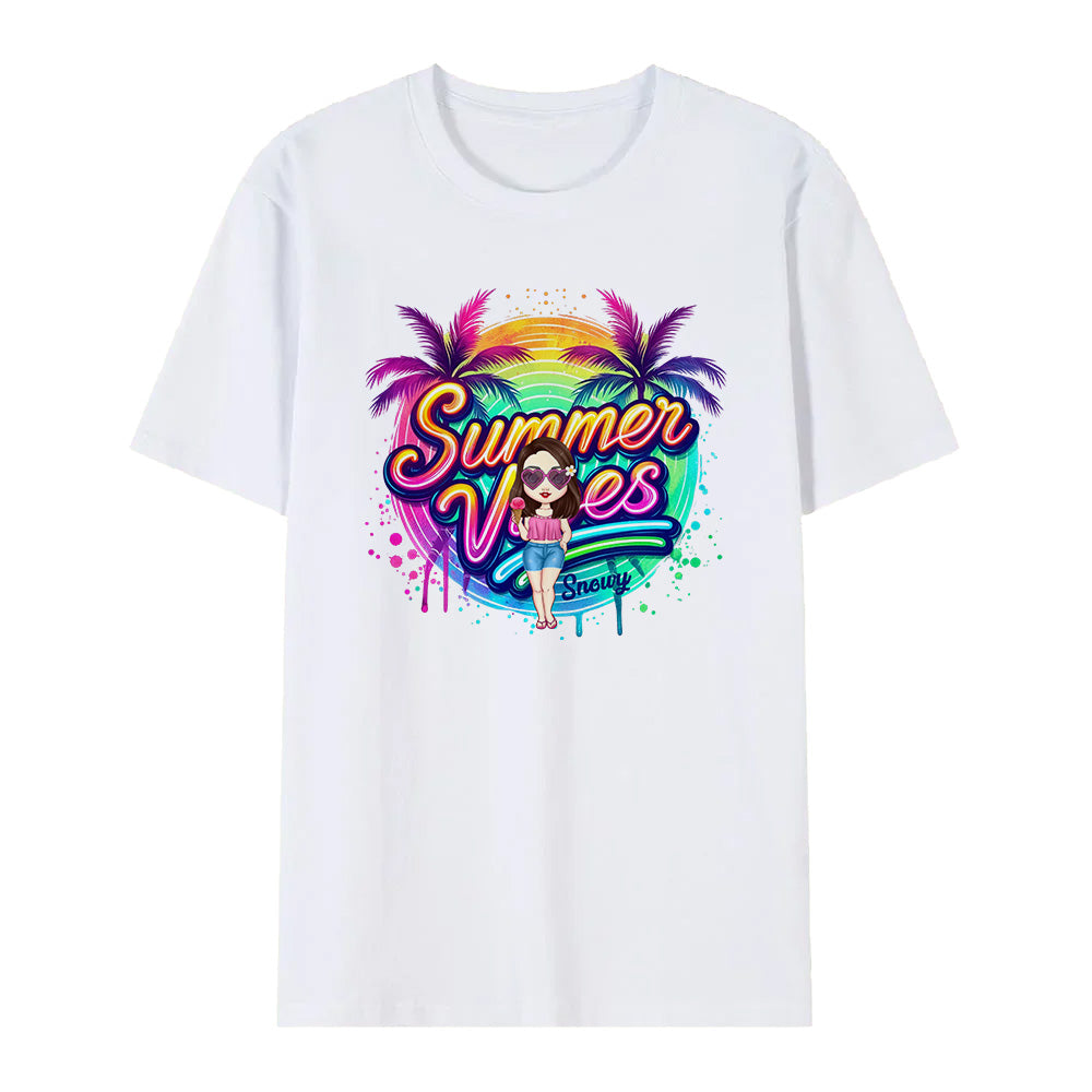 Personalized Cartoon Summer Vibes T-shirt with Name T-shirt Holiday Gift for Her