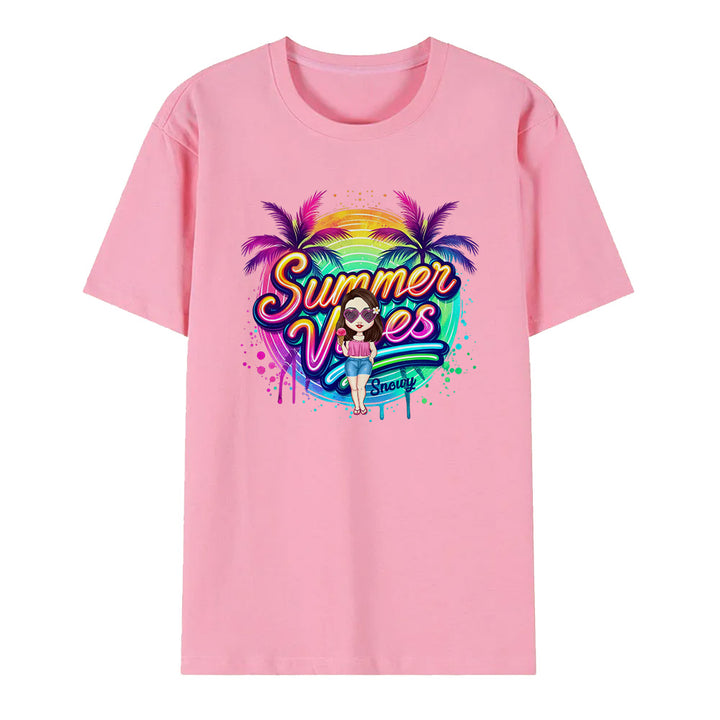 Personalized Cartoon Summer Vibes T-shirt with Name T-shirt Holiday Gift for Her