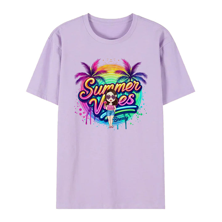 Personalized Cartoon Summer Vibes T-shirt with Name T-shirt Holiday Gift for Her