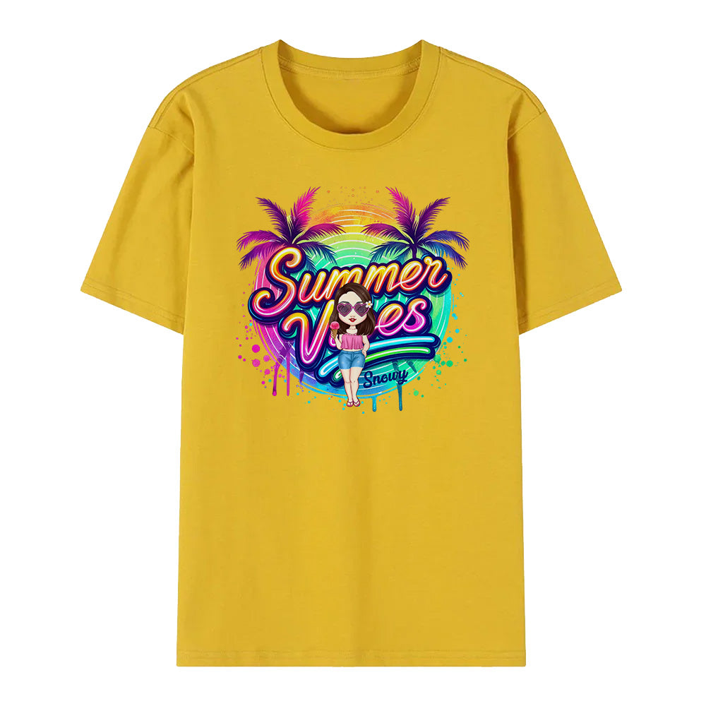 Personalized Cartoon Summer Vibes T-shirt with Name T-shirt Holiday Gift for Her