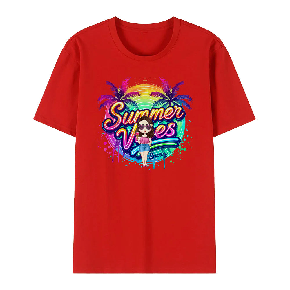 Personalized Cartoon Summer Vibes T-shirt with Name T-shirt Holiday Gift for Her