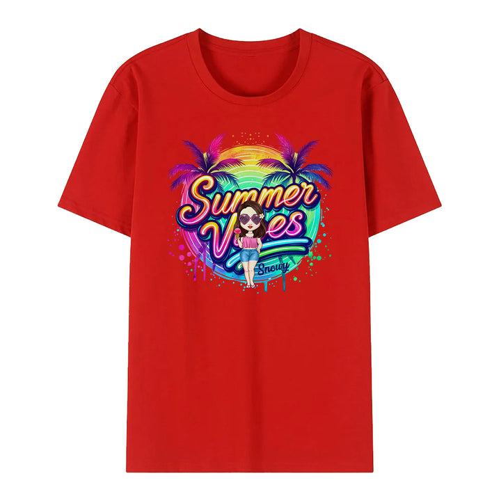 Personalized Cartoon Summer Vibes T-shirt with Name T-shirt Holiday Gift for Her