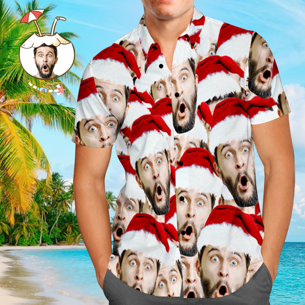 Custom Face Shirt Personalized Photo Men's Hawaiian Shirt Christmas Gift - Santa Face Mash