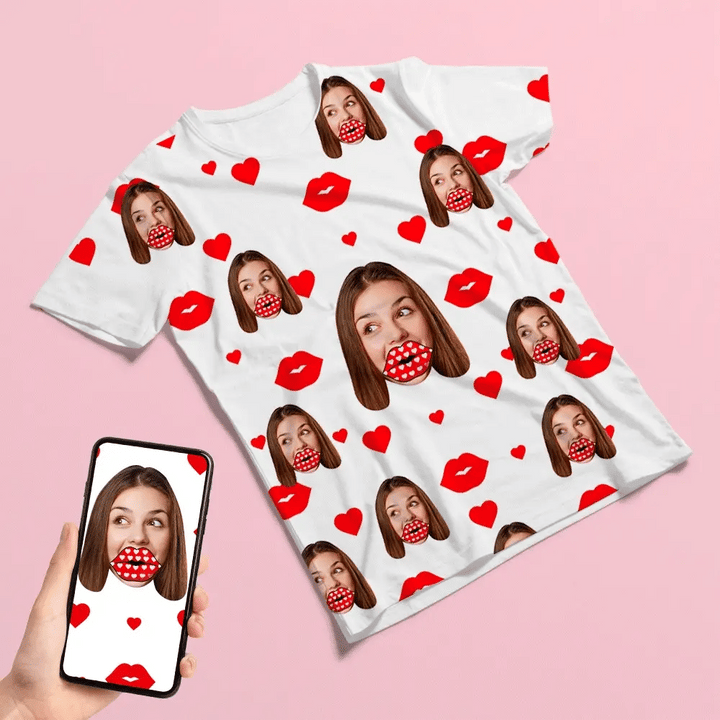 Personalized All Over Print T-shirt Custom Face Red Heart Lips T Shirts