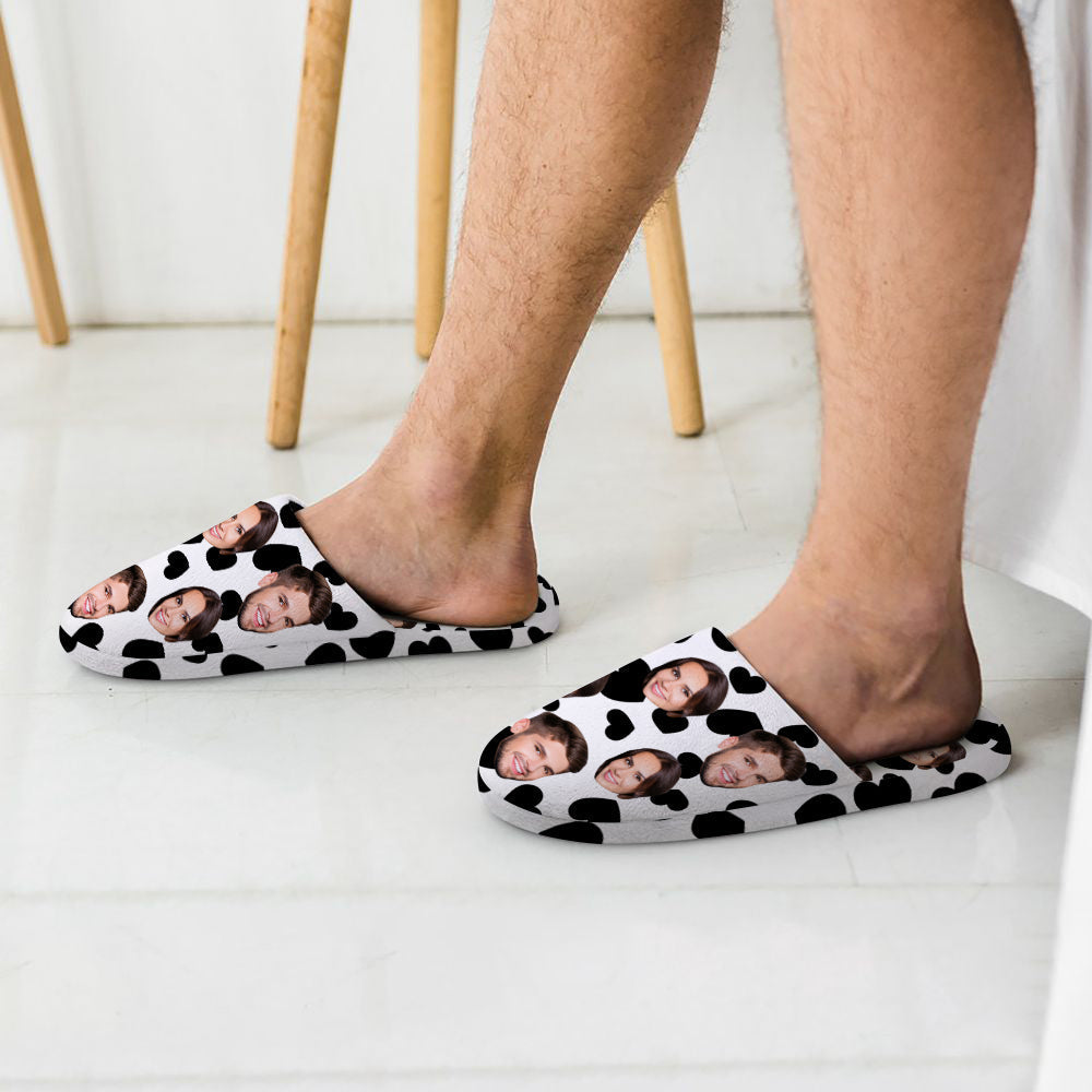 Custom Face Women's and Men's Slippers Personalized Black Heart Casual House Shoes Indoor Outdoor Bedroom Cotton Slippers