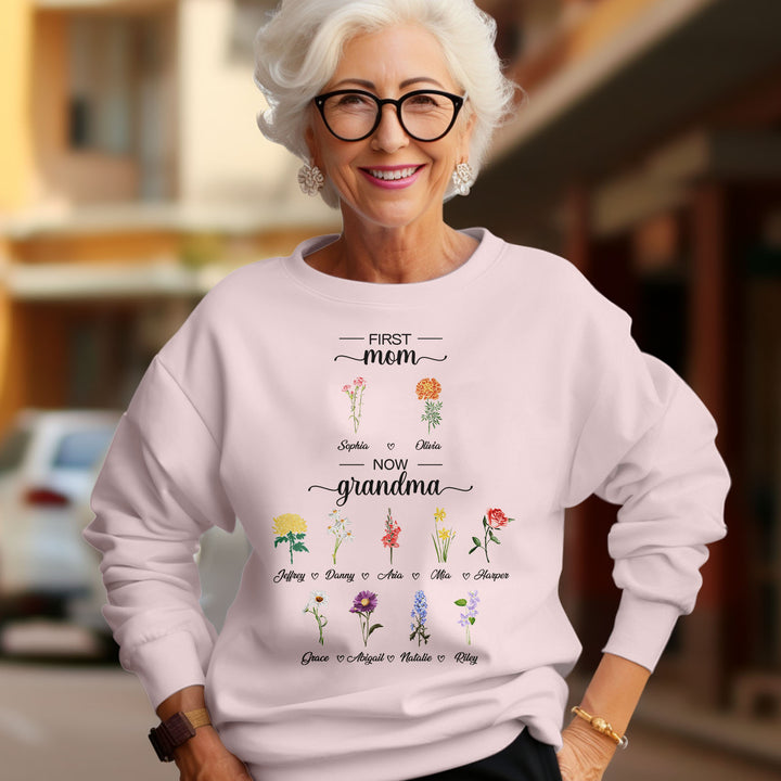 Personalized First Mom Now Grandma Sweatshirt Custom Birth Flowers Sweatshirts for Mother's Day Gift