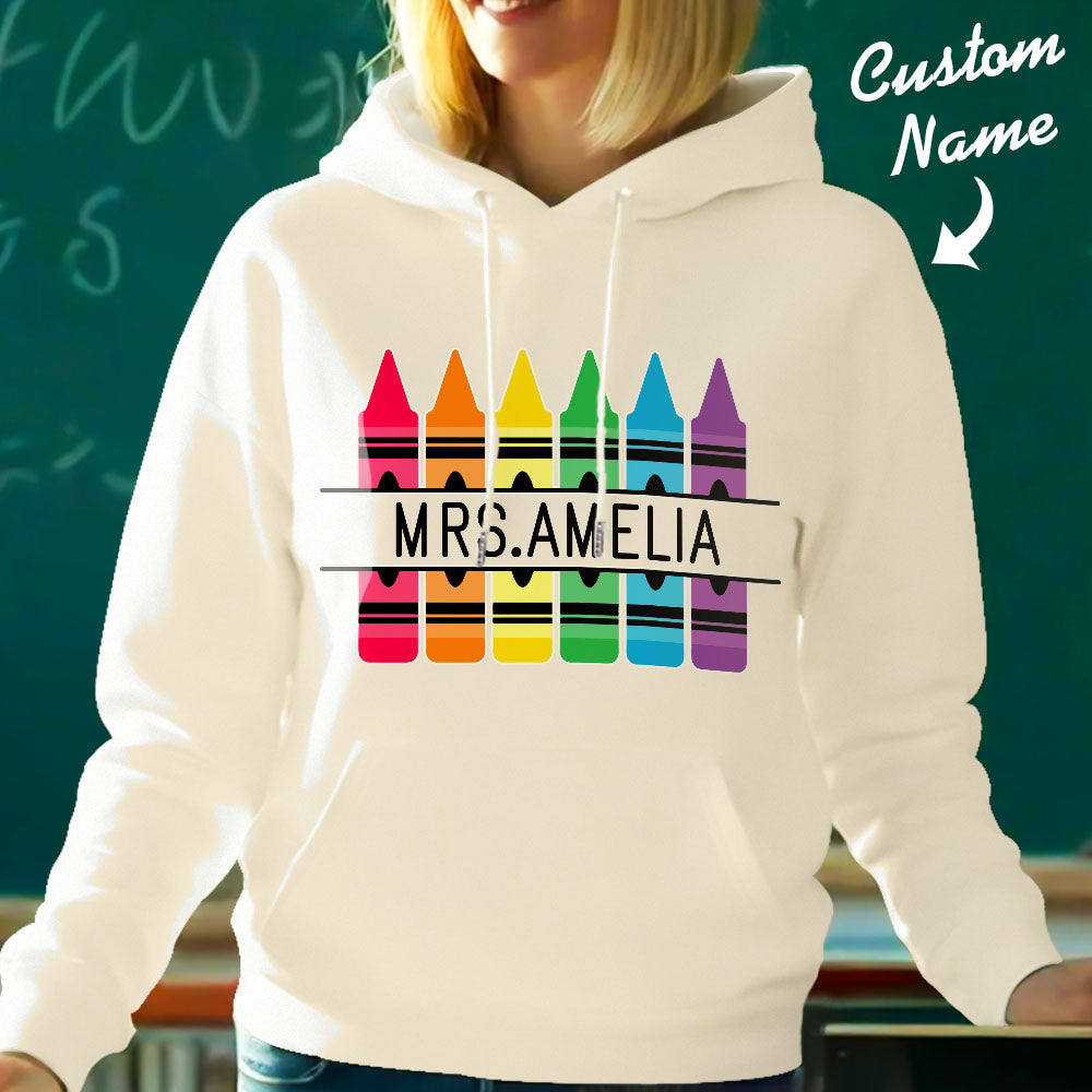 Personalized Crayon Hooded Sweatshirt Teacher Custom Name Hooded Sweatshirt Back to School Gifts