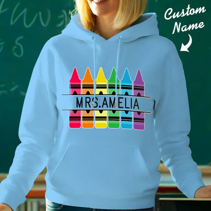 Personalized Crayon Hooded Sweatshirt Teacher Custom Name Hooded Sweatshirt Back to School Gifts