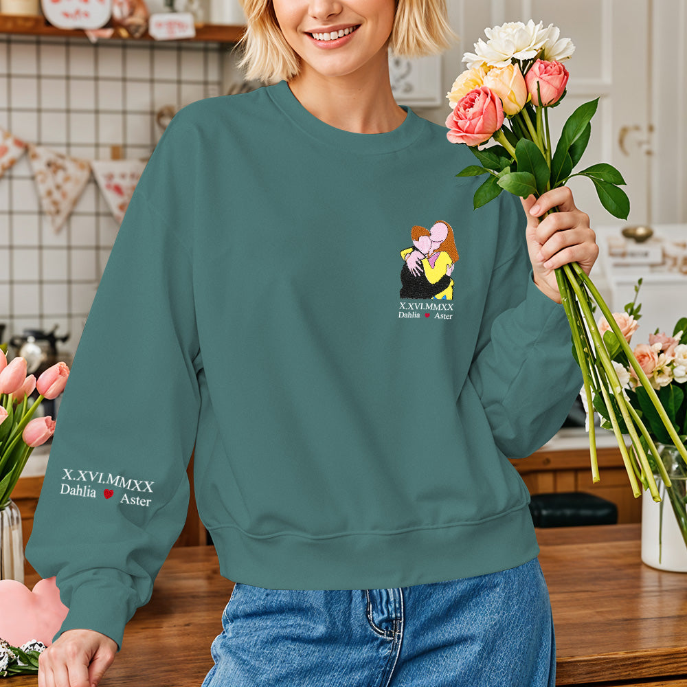 Custom Photo Personalized Text Embroidered Long Sleeve Sweatshirt Valentine Gift