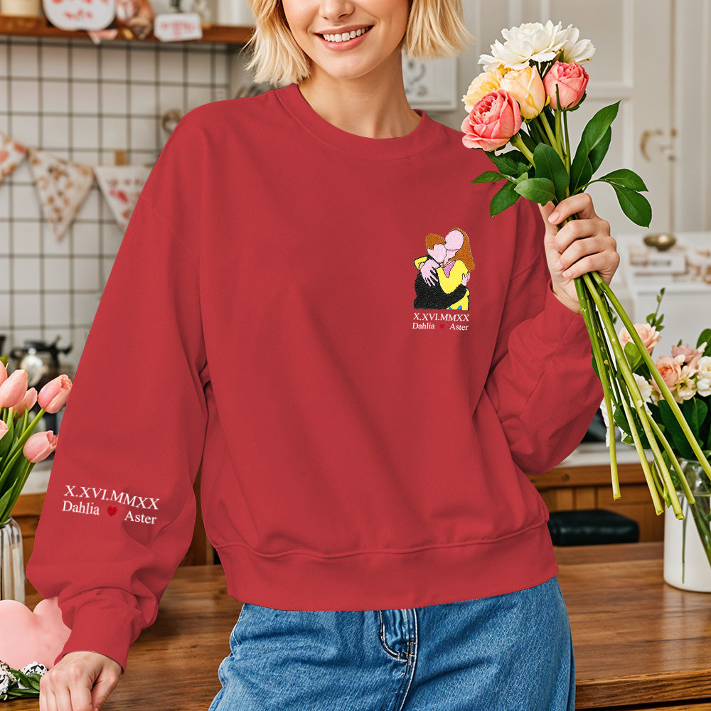 Custom Photo Personalized Text Embroidered Long Sleeve Sweatshirt Valentine Gift