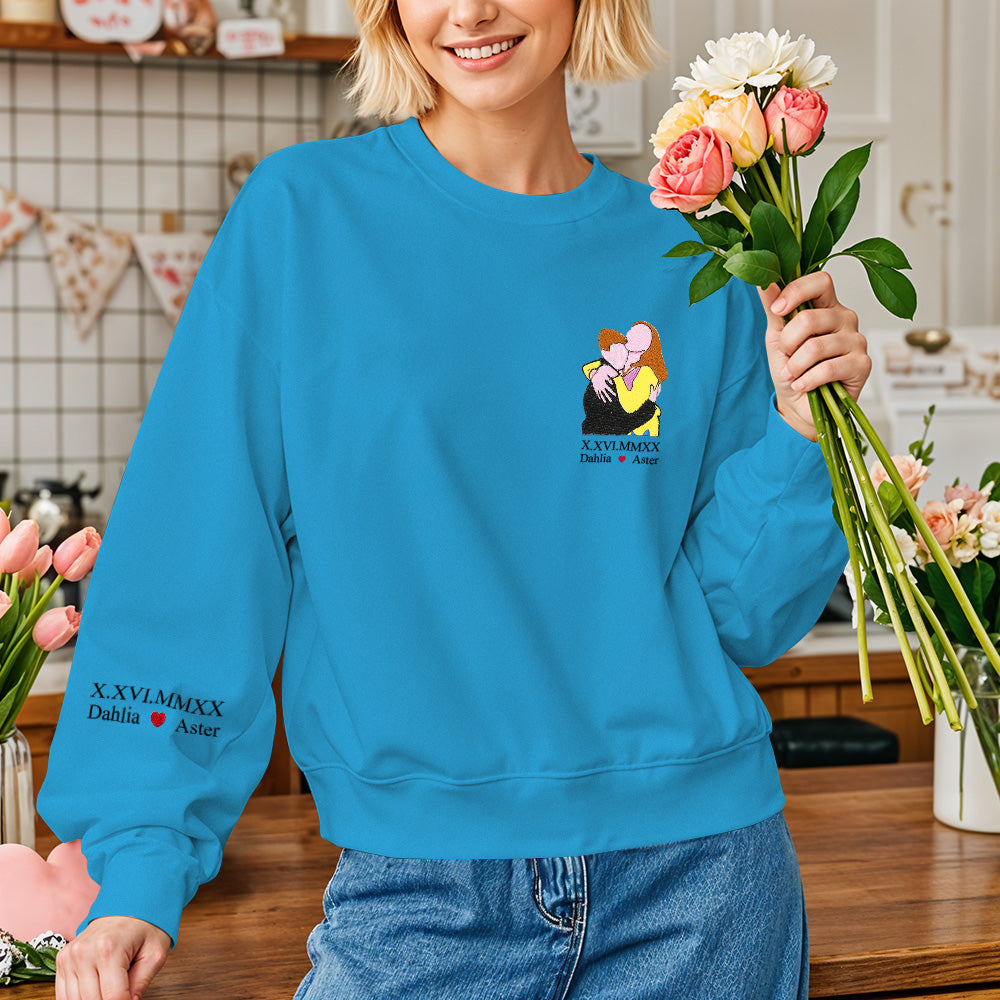 Custom Photo Personalized Text Embroidered Long Sleeve Sweatshirt Valentine Gift