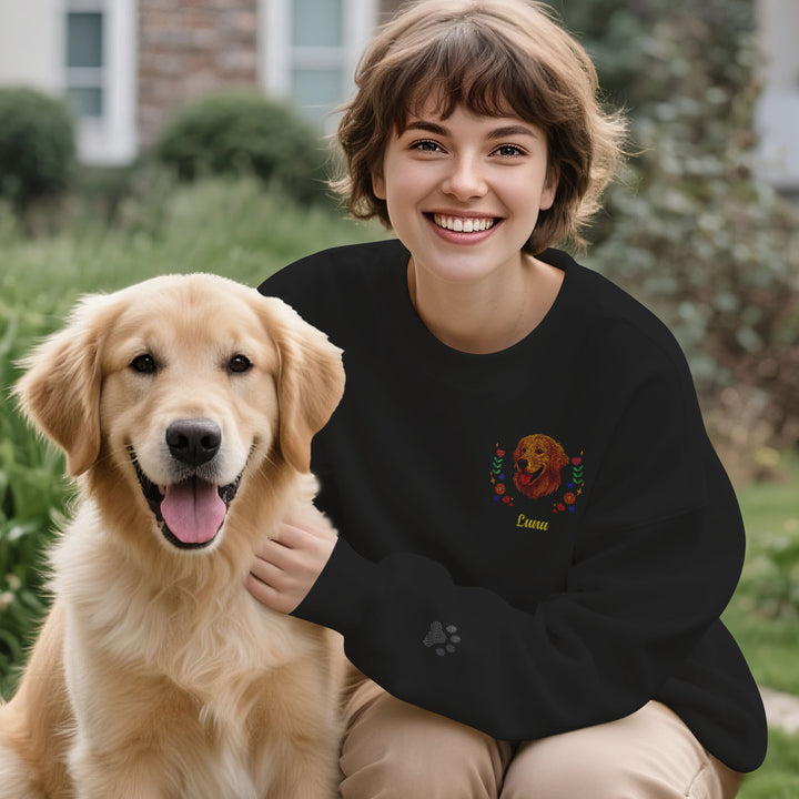 Custom Embroidered-Style Pet Sweatshirt – Personalized Pullover with Pet Name & Wreath